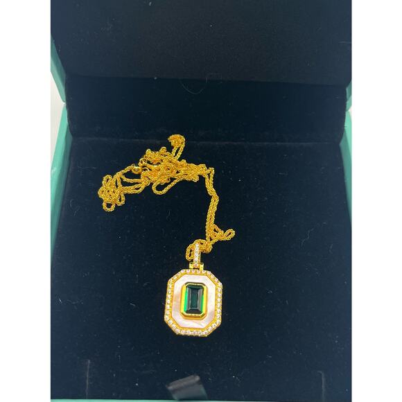 Emerald, Mother Of Pearl, and CZ Halo Pendant 18” 14k Gold/SS - Picture 4 of 7